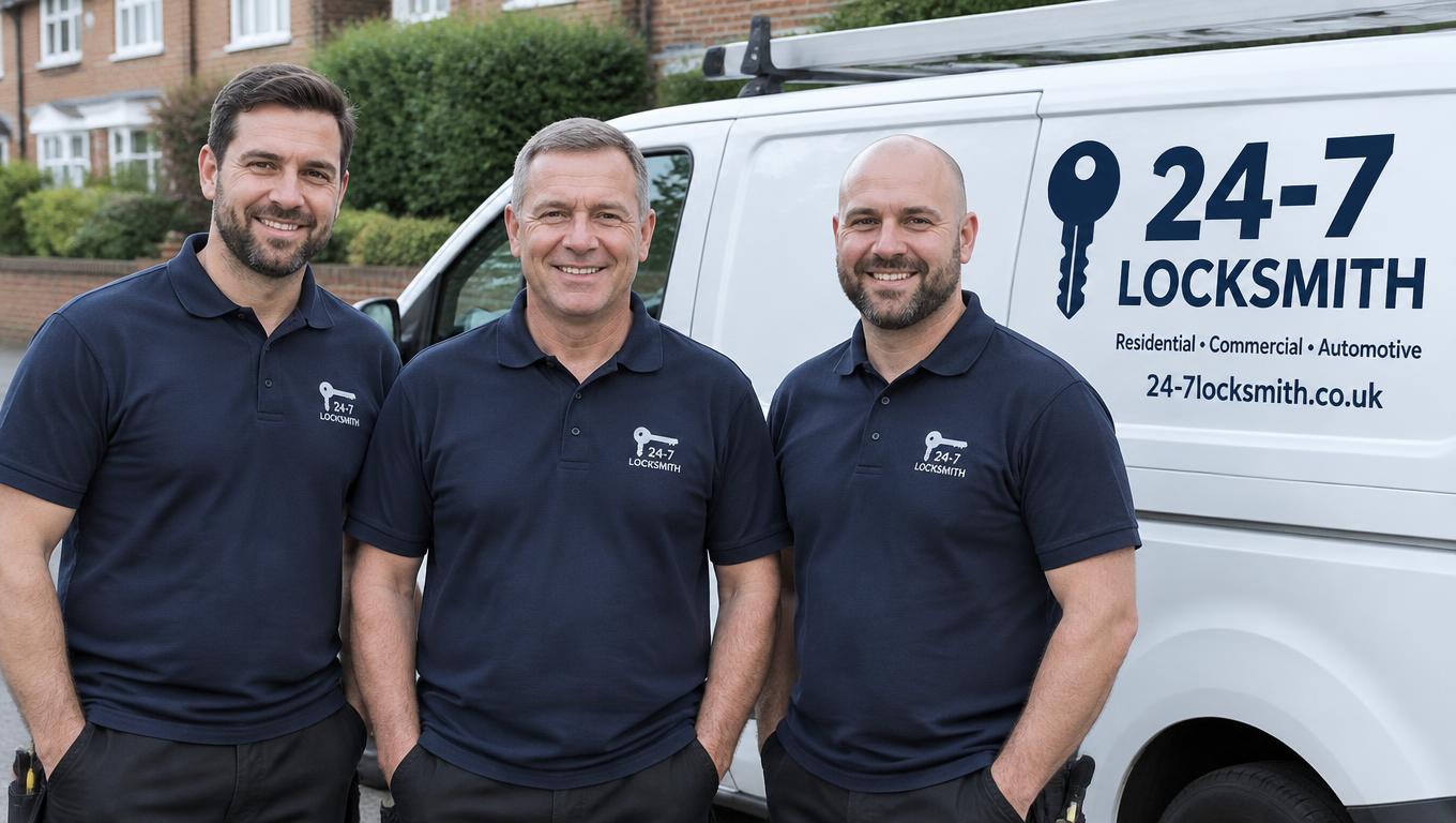 The 24-7 Locksmith team beside their van